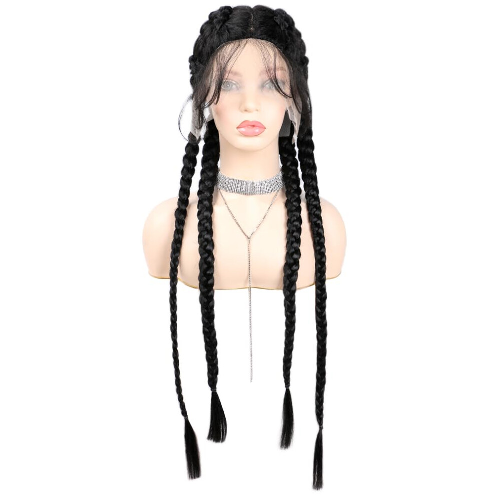 28 Inch Lace Front Braided Wig for Black Women, Heat Resistant Synthetic with Baby Hair, 1B