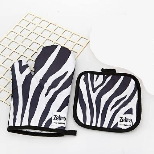 (Zebra) Oven Baking Gloves Microwave Oven Gloves with Mat High-temperature Resistant Gloves Kitchen Baking Tools Bakeware BBQ