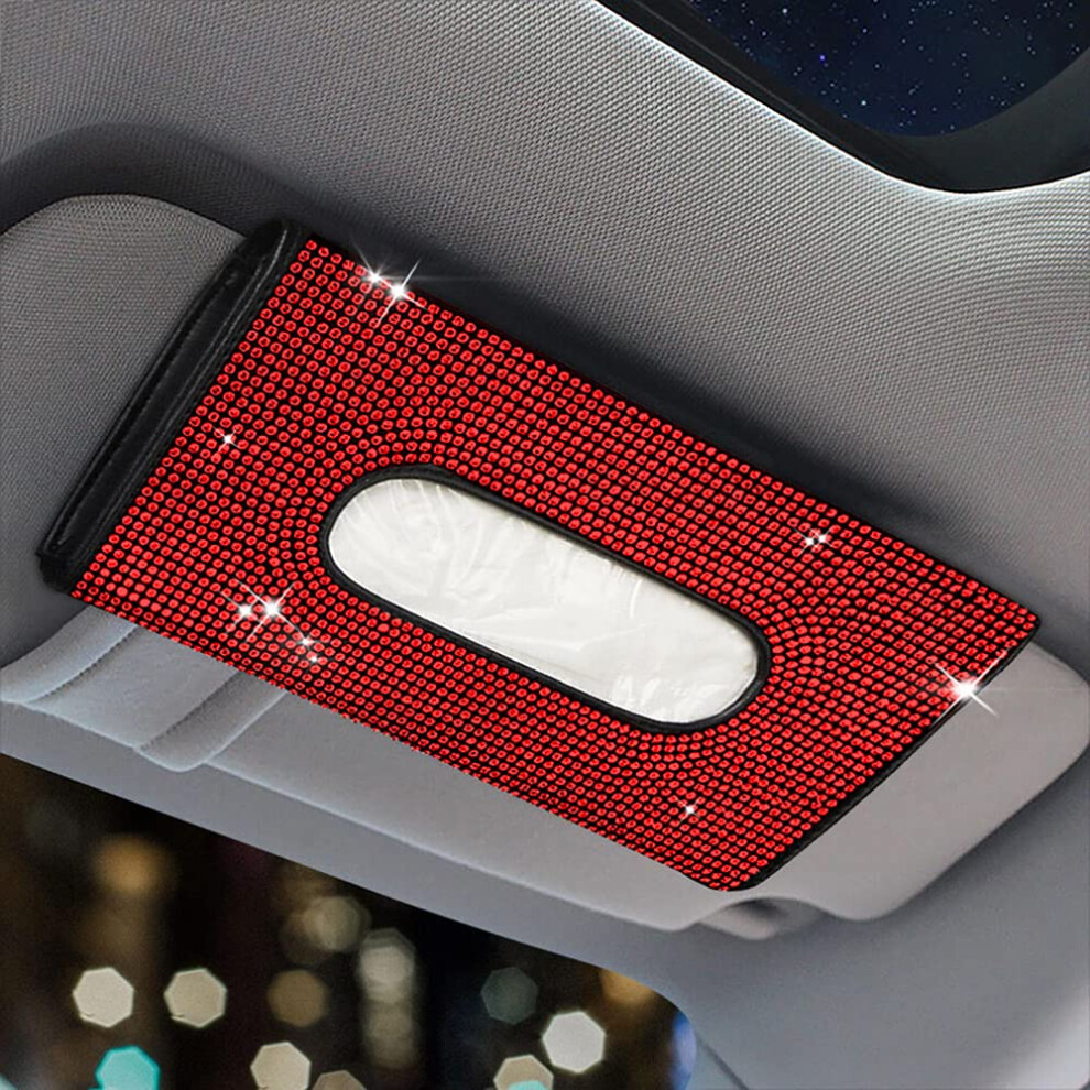 Pu Leather Car Tissue Holder With Sparkling Crystals For Sun Visor, Glitter Box For Women Red 9187378333549