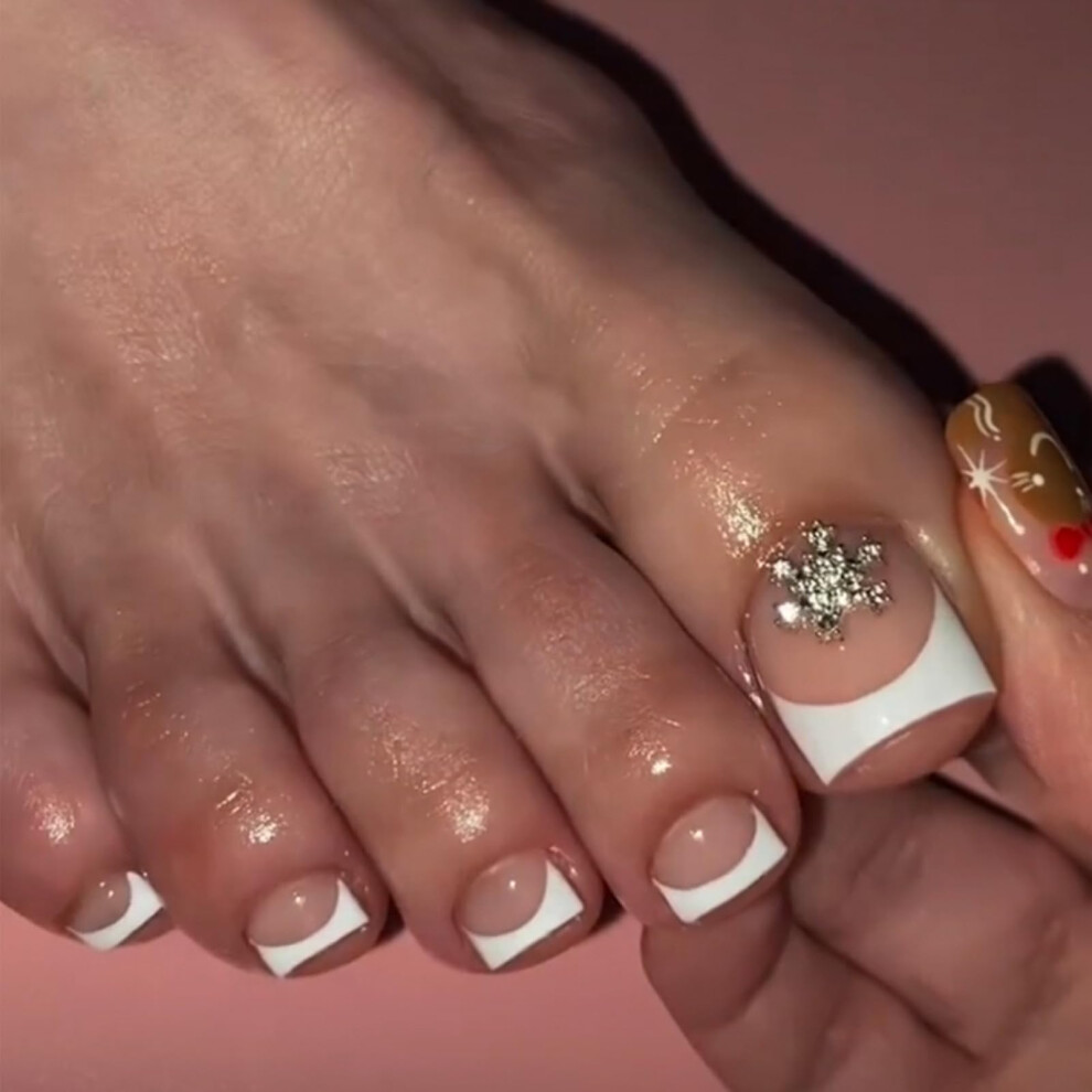 Press On Toenails French Tip Acrylic Fake Toenails with Butterfly Rhinestones, Short Pink 24pcs