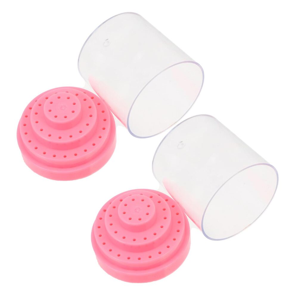 Pink Nail Drill Bit Holder With Dustproof Transparent Lid, Storage Box Organizer For Salon Use
