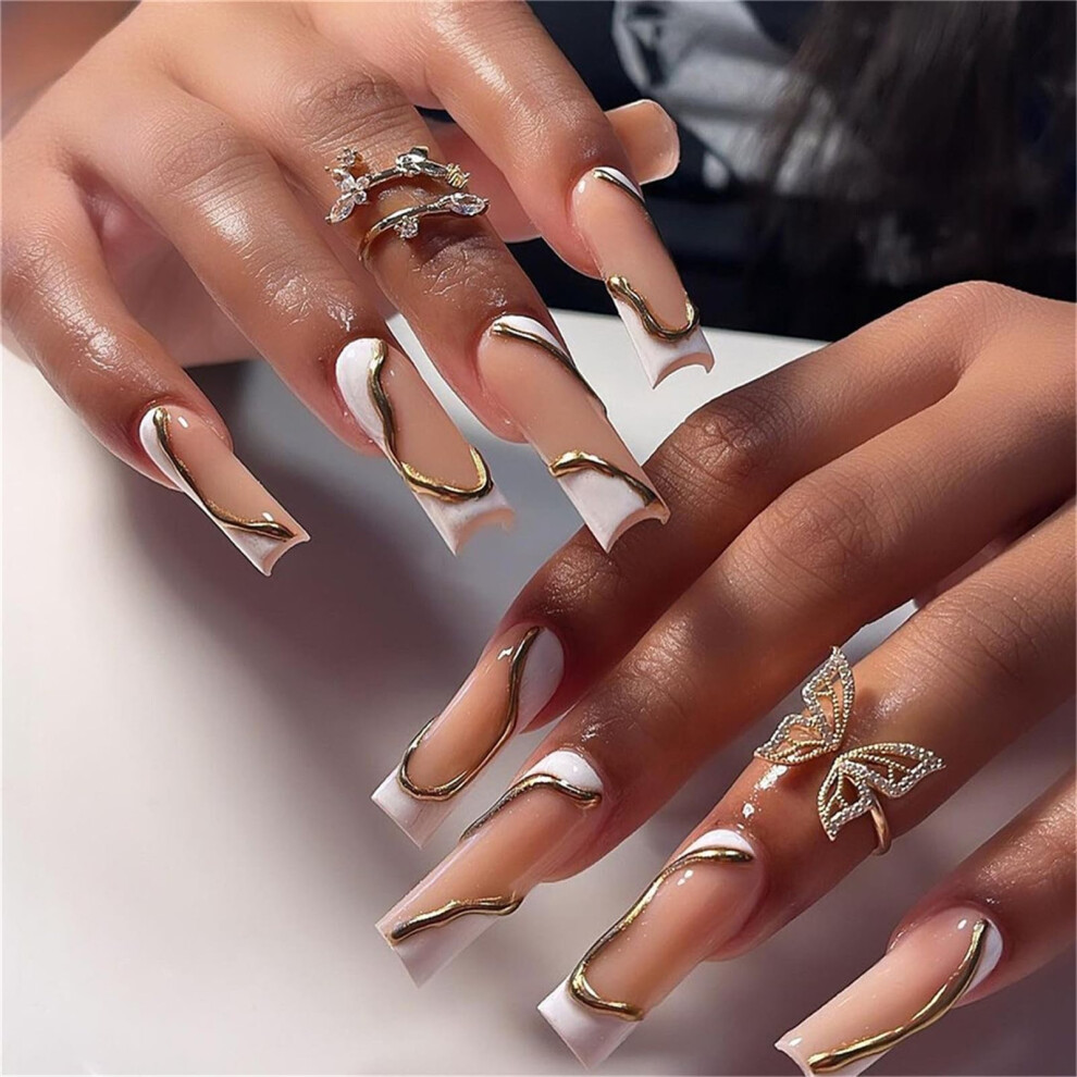 24PCS Long Coffin Press On Nails Set Colorful Sparkling False Nails with Glue for Women