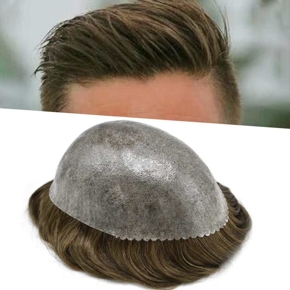 Unisex Brown Mens Toupee Real Human Hair Hairpiece 8X10 Light Poly Skin Hair System With Scalloped Hairline
