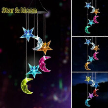 (Star moon) LED Solar Wind Chime Crystal Ball Hummingbird Wind Chime Light Color Changing Waterproof Hanging Solar Light for Home Garden