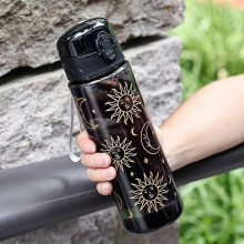 (Black Sunflower) Lightweight Plastic Water Bottle with Daisy Design and Leak Proof Lid - Suitable for Office, Home, Gym, Travel - Reusable Cup