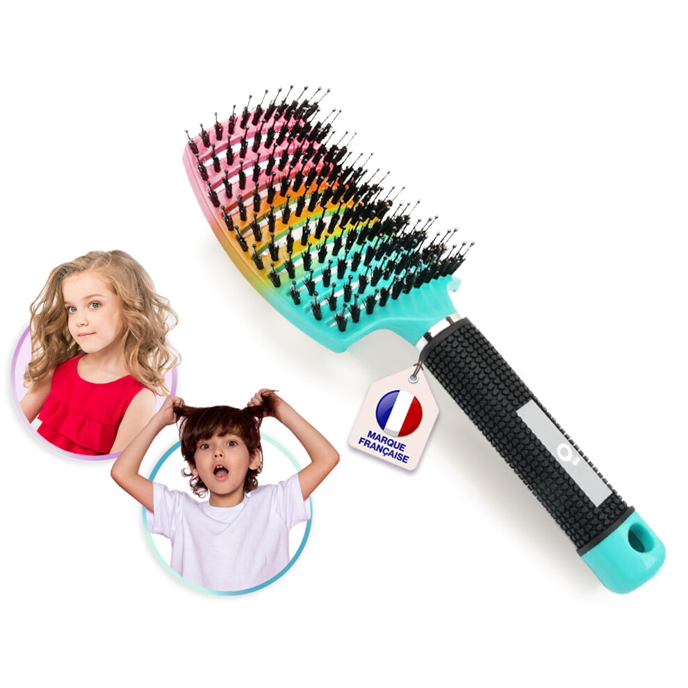 Turquoise Boar Bristle Hair Brush For Gentle Tangle Detangling And Shine With Wide Curved Head, Rainbow