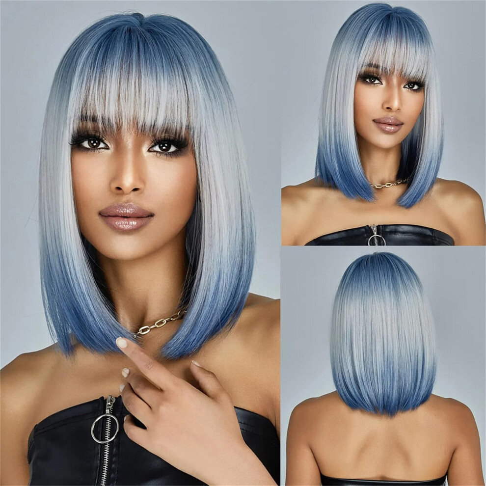 Unisex Blue,White Synthetic Bob Wig Ombre Blue White With Bangs Heat Resistant Short For Women Cosplay Party