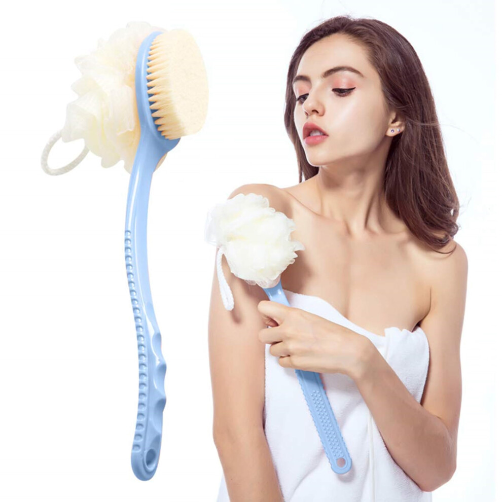 2 in 1 Long Handle Back Scrubber and Bath Brush with Bristles and Loofah for Gentle Exfoliation
