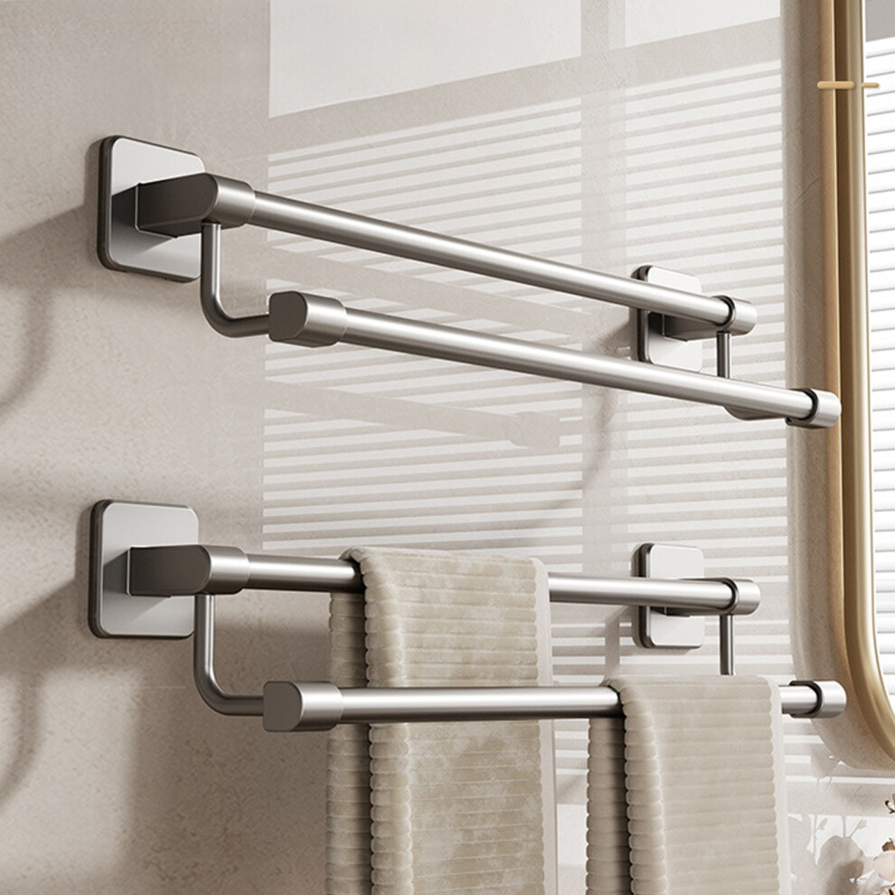 (Gray) Bathroom Towel Rack Punch Free Bathroom Storage Rack Patch Towel Rack Wall Mounted Double Pole Space Aluminum Towel Rack