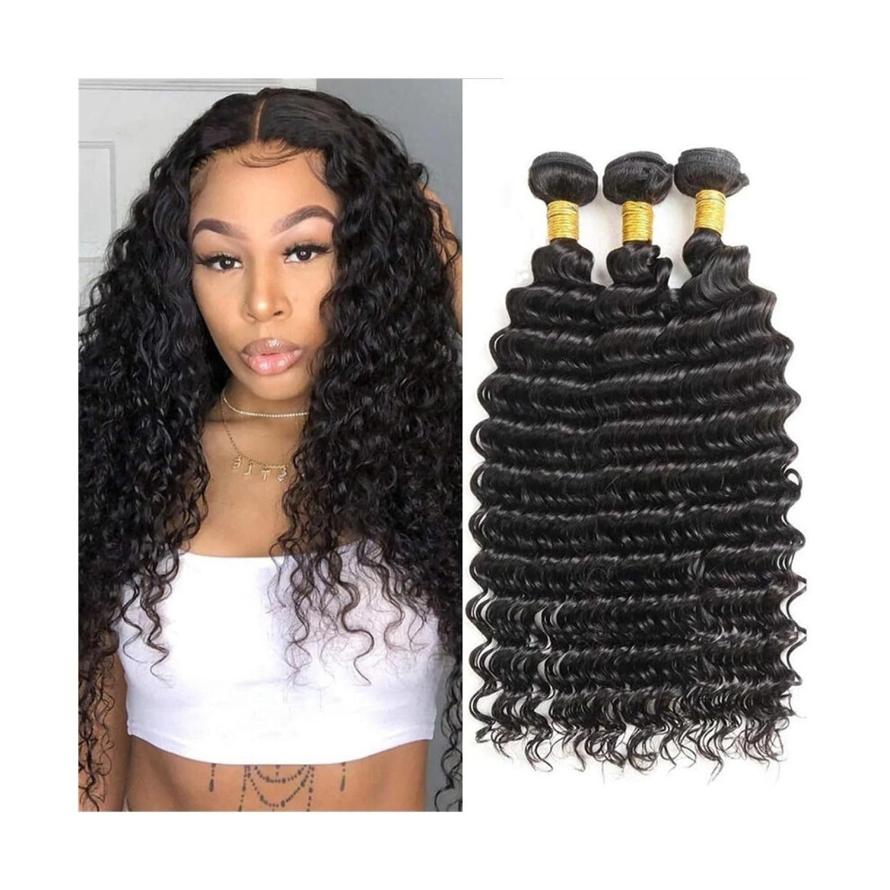 Unisex Black Malaysian Deep Wave Human Hair Bundles Natural Double Weft Virgin Hair Extensions 3440 Inch