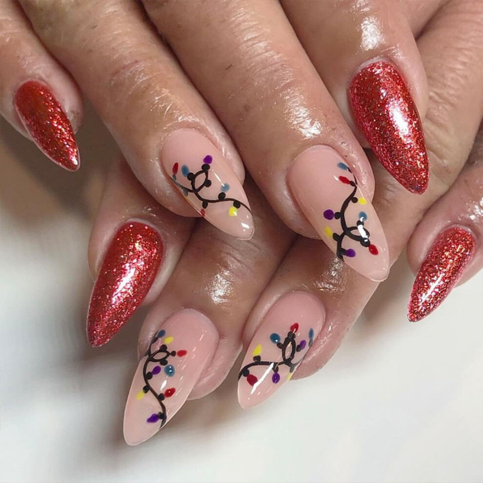 Red Christmas Almond Press On Nails With Glitter, Festive Winter Glossy Fake Nails For Women 24Pcs