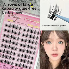 (Little hare) HISYI Self-Adhesive False Eyelashes 8 Rows - Glue-Free, Natural Look, Reusable & Easy Apply for Daily/Party Makeup (8-Pack)
