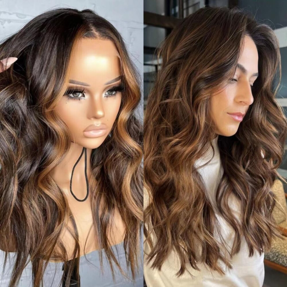 Unisex Brown Brazilian Human Hair Wig 22 Inch Highlight Ombre Silk Base Closure Preplucked 5X5