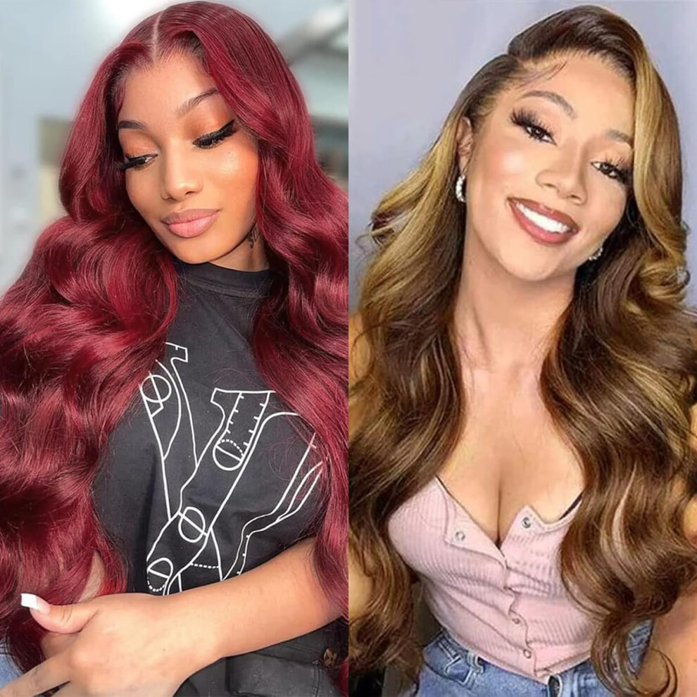 99J Burgundy and 427 Highlight Body Wave Lace Front Human Hair Wig 13x4 HD Preplucked