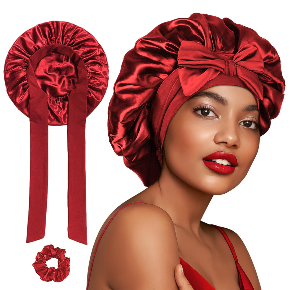 Unisex Red Silk Hair Bonnet For Curly Hair Women Satin Sleep Cap With Adjustable Fit Moisture Retention