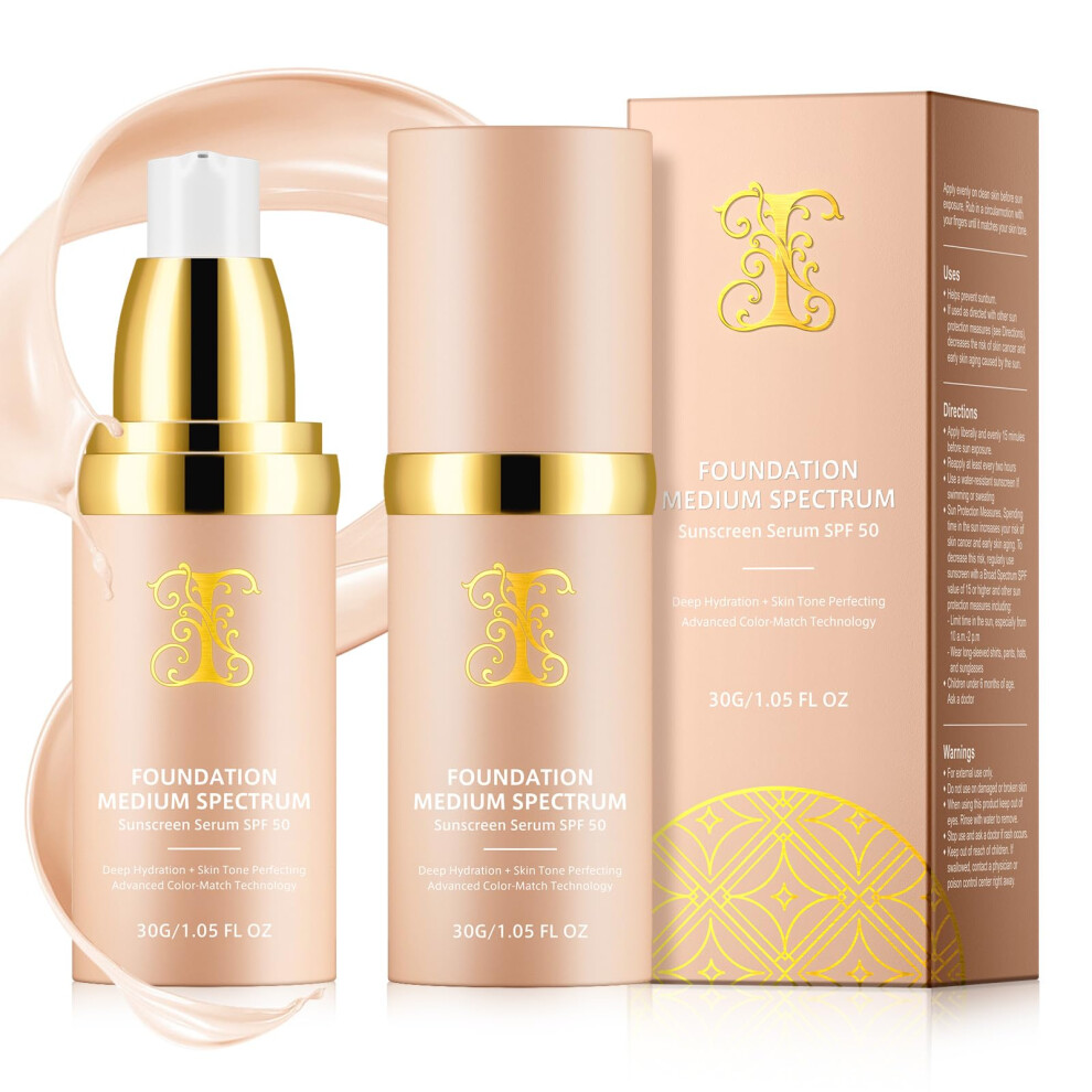 SPF50 Waterproof Liquid Foundation 4in1 AntiAging Hydrating Longwear Makeup for All Skin Types (2PC)