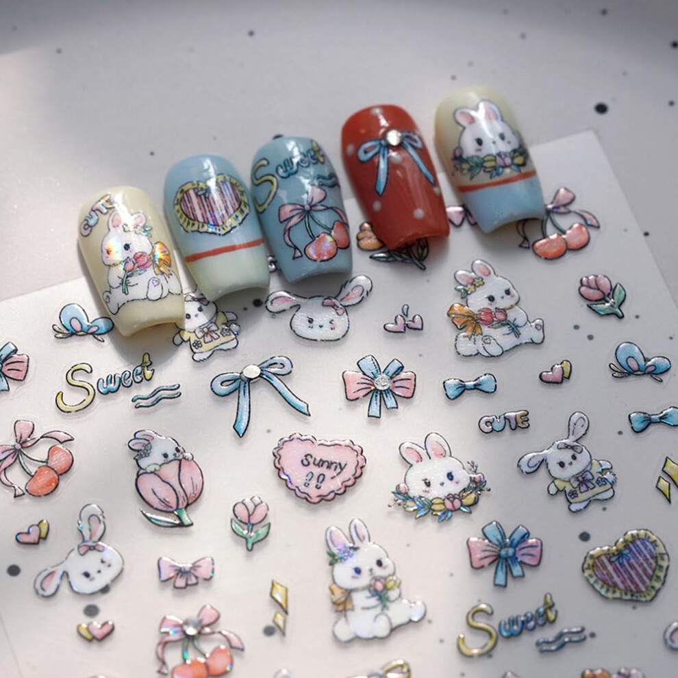 Pink 5D Embossed Nail Art Stickers With Rabbit Bow Flower Diamond Designs Selfadhesive For Diy