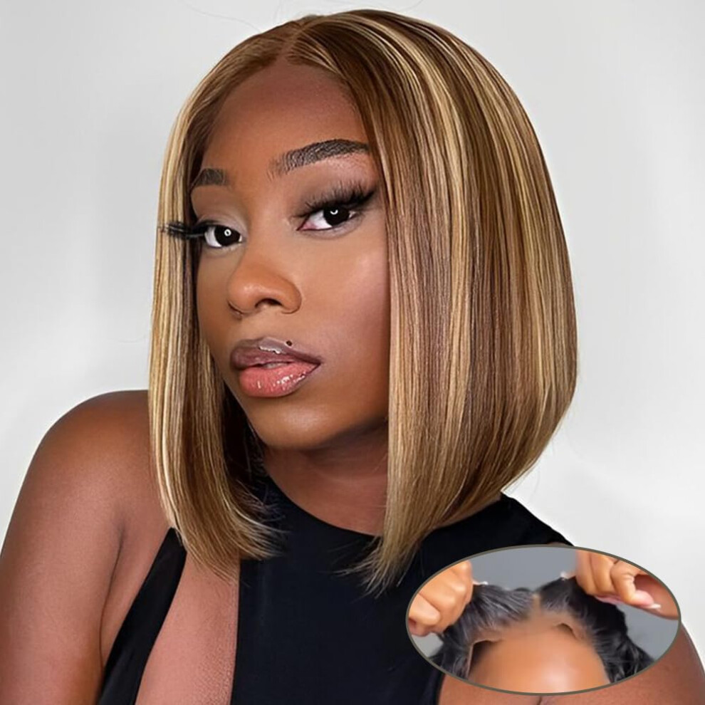 Unisex Human Hair Lace Front Glueless Bob Wig P4/27 Honey Blonde Highlight 5X5 Hd Lace Closure 12In