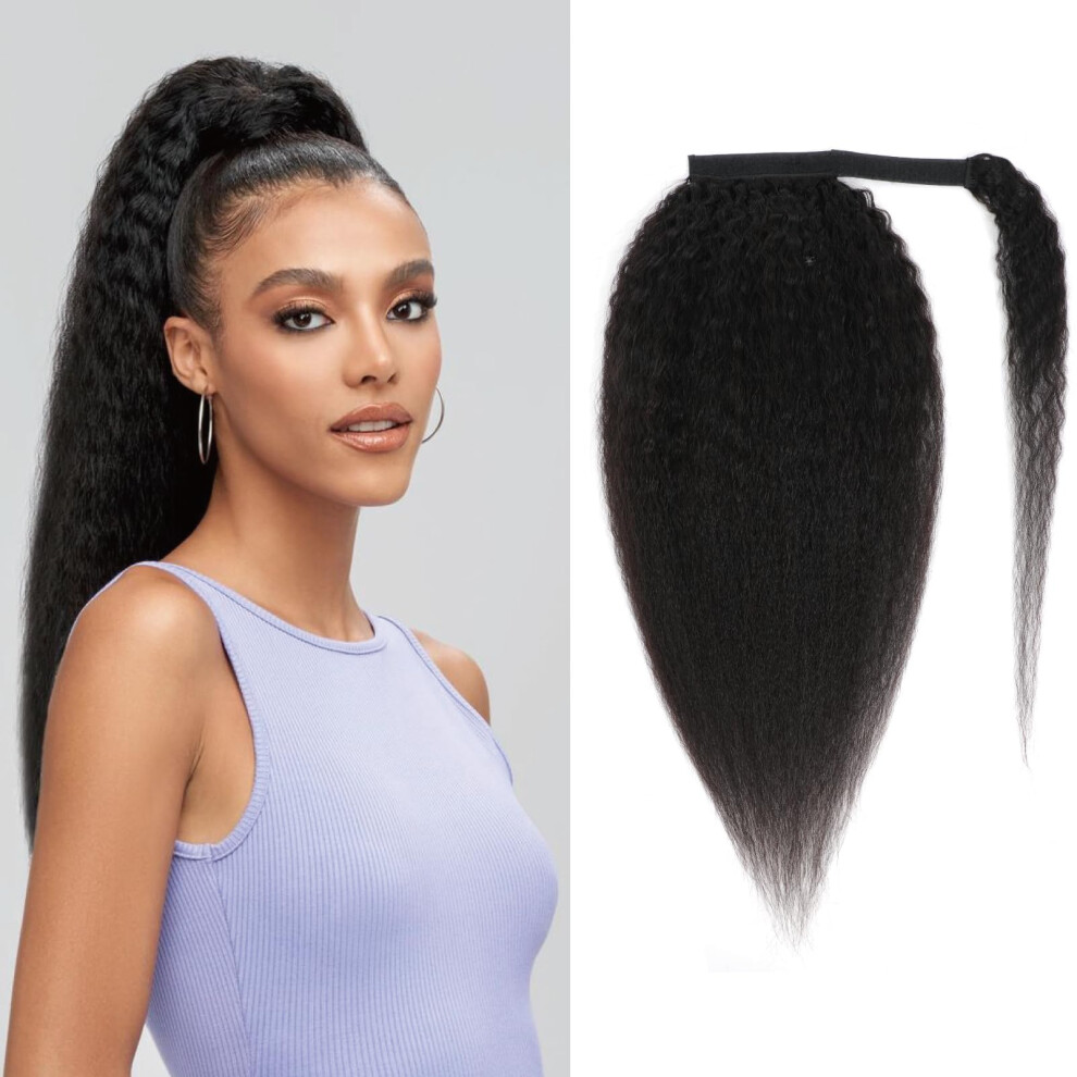 Unisex Black Kinky Straight Human Hair Ponytail Wrap Around Brazilian Virgin 16 Inch Natural For Women