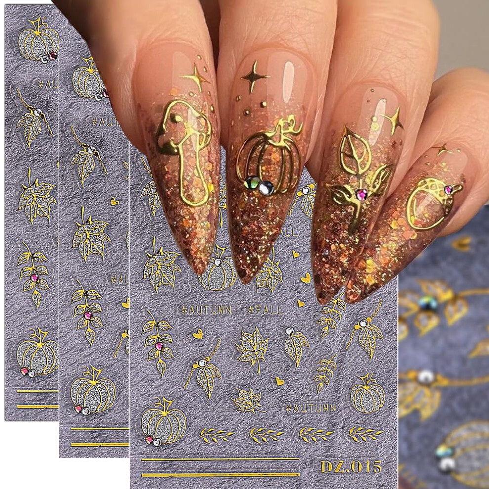 Autumn Thanksgiving Nail Art Stickers 5D Gold Maple Leaf Self Adhesive Pumpkin Designs 3Pcs