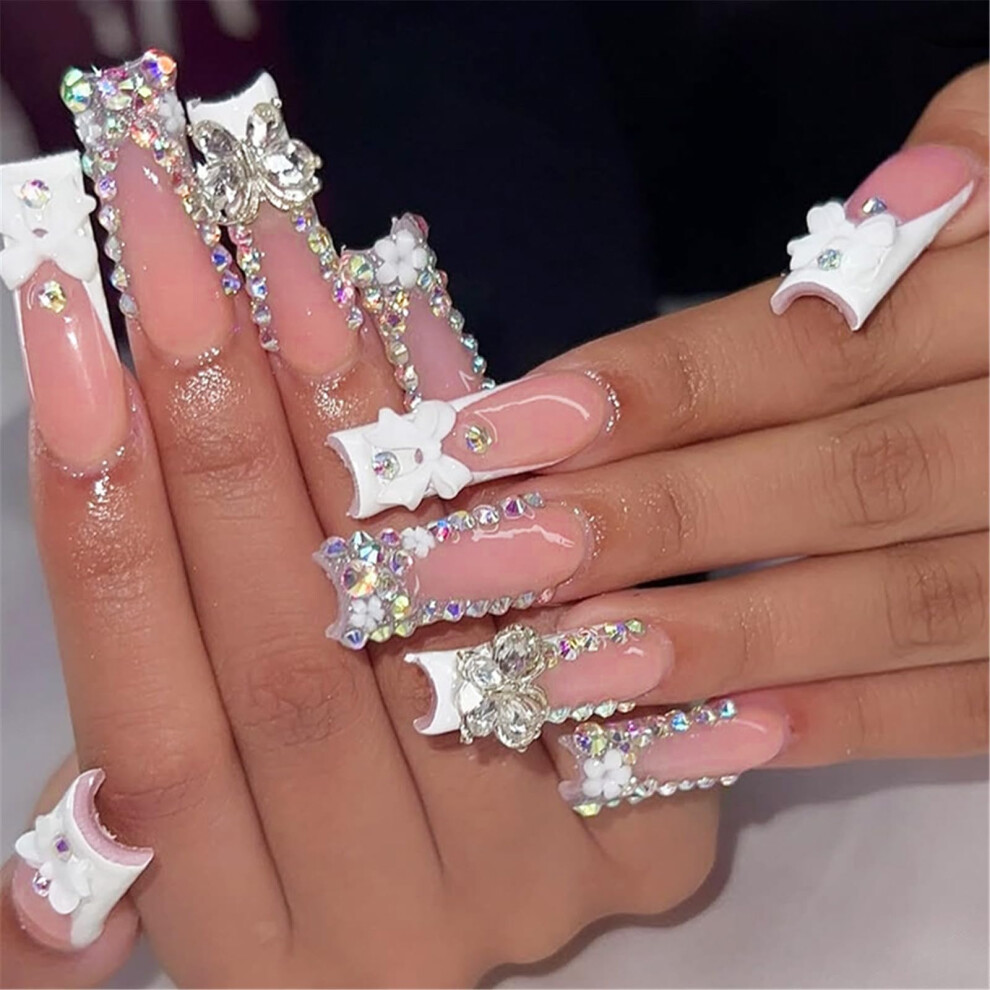 Long Square Press On Nails with Rhinestones Bowknot Accent 24pcs Acrylic False Nails Set