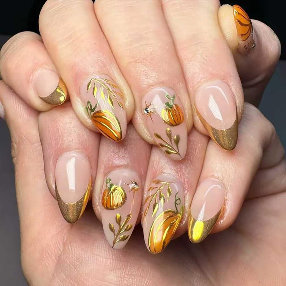 Gold 30Pcs French Tip Press On Nails Almond Shape Fall Fake Nails With Rhinestones For Thanksgiving