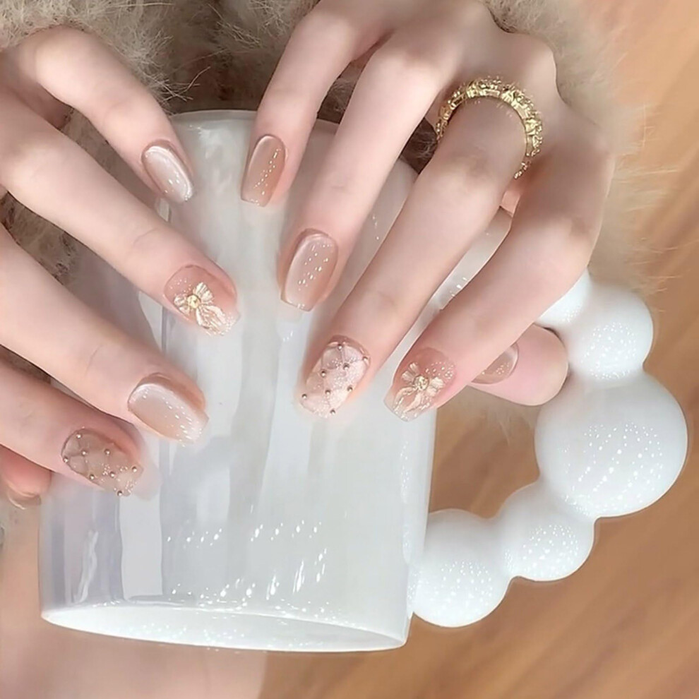 24pcs Cats Eye Press On Nails with Bows, Short Square Fake Nails for Women, Stylish Acrylic Set