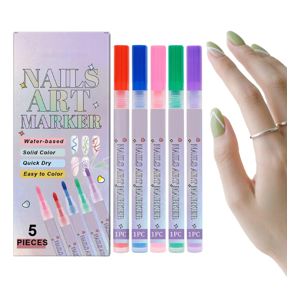 Waterproof Nail Art Pens Set with Precision 0.5mm Tip, QuickDry Nail Ink, 5 Colors for Manicure Design