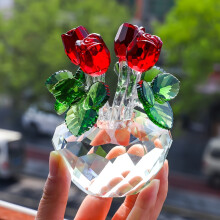 10.5X8cm Crystal Vase with Four Red Rose Blend with Green Leaves, Hand Craft Crystal Rose Figurine Tabletop Ornaments,