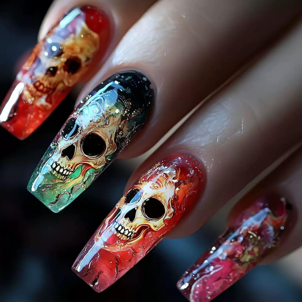Halloween Press On Nails with Skull Design, Medium Square Acrylic Fake Nails, Reusable 24PCS