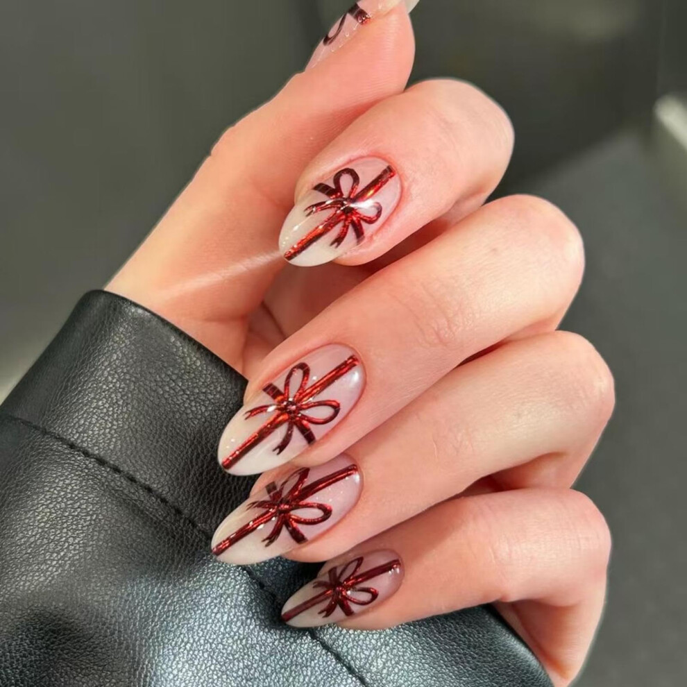 Christmas Almond Press on Nails Red Glossy Fake Nails with Bow Design Medium Nude Glue on Nails