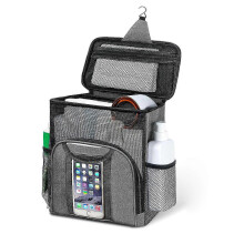 (Grey) Portable Shower Caddy Bag Quick-Drying Waterproof Mesh Toiletry Organiser with Phone Pockets for Travel Camping