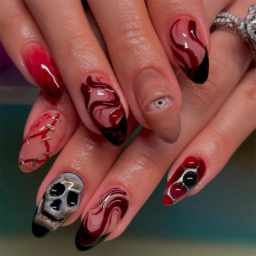 Black,Red Halloween Skull And Eyeball Press On Nails Black Red Gothic Fake Nails 24Pcs Acrylic Nail Kit