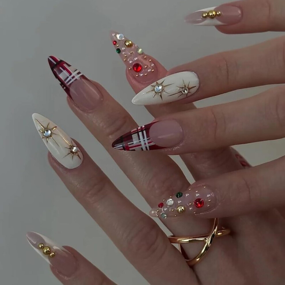 Medium Almond French Tip Press On Nails with Rhinestones Pearls Glossy Acrylic Fake Nails Set 24pcs