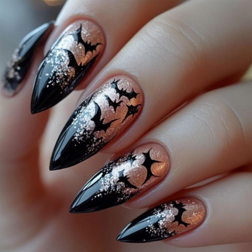 Black,Gold Long Stiletto Press On Nails Glossy Black Gothic And Gold Glitter With Glue 24Pcs Reusable Set