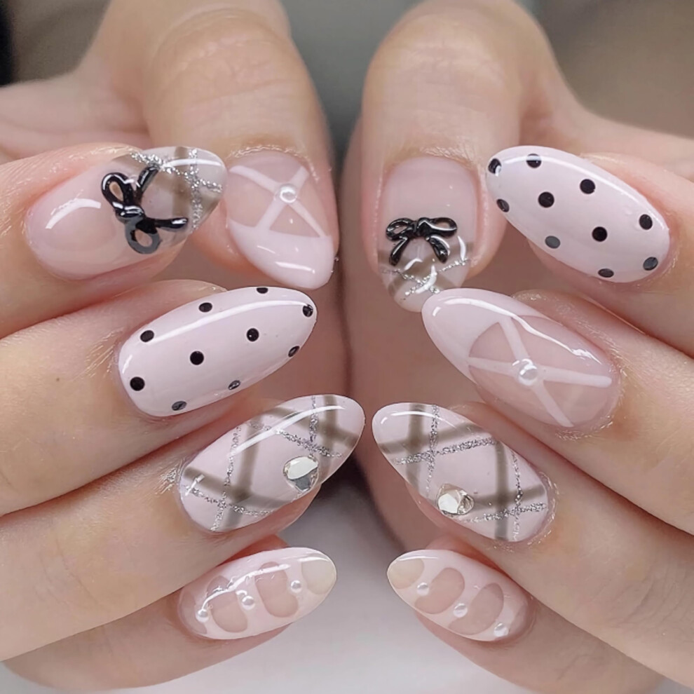 Pink Medium Almond Press On Nails French Tip Fake Nails With Rhinestones Polka Dot Design 24Pcs