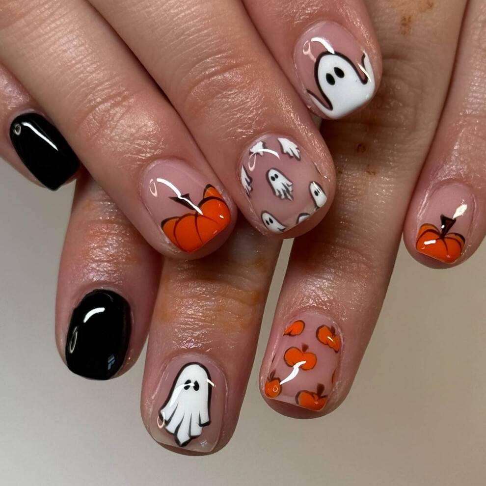 Halloween Press On Nails Short Square Ghost and Pumpkin Design 24pcs Fake Nails for Women