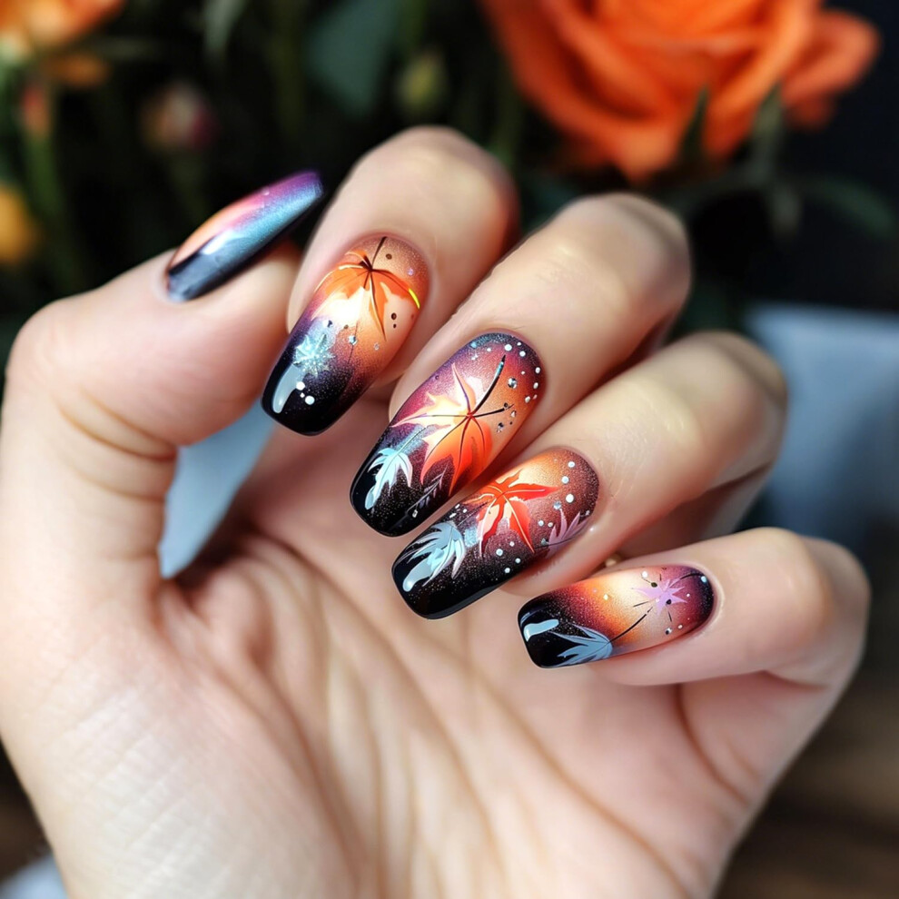 Gradient Maple Leaf Press On Nails Medium Ballet Autumn Acrylic Fake Nails for Women 24pcs