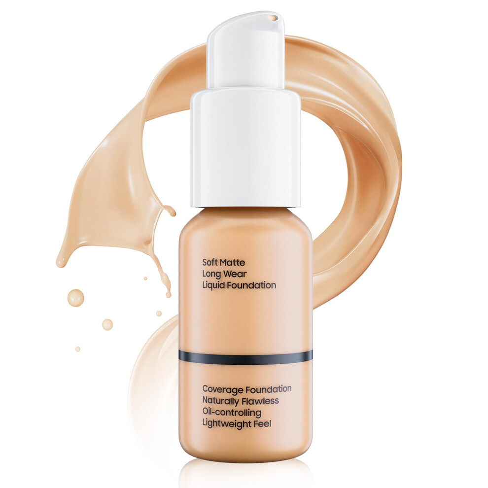 Beige Matte Liquid Foundation Full Coverage With Builtin Applicator, Longlasting Waterproof Oil Control Makeup, 1 Fl Oz Buff