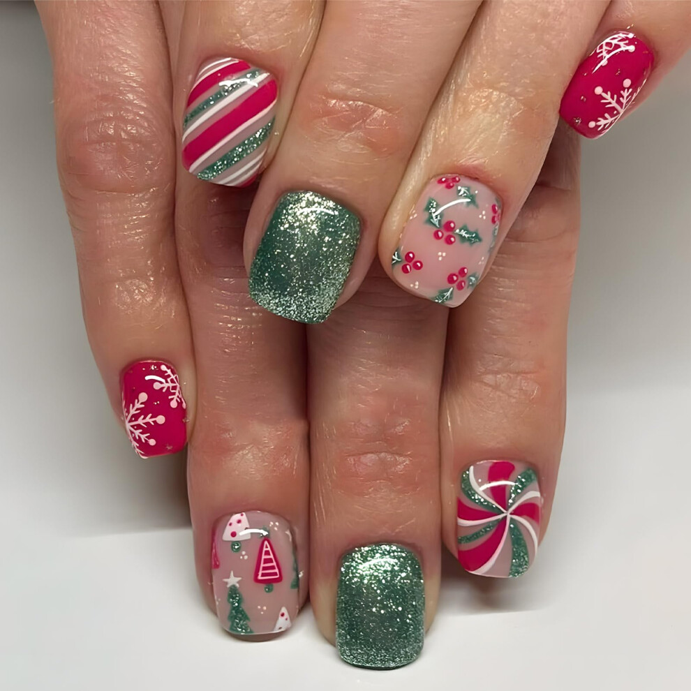 Green,Red Christmas Press On Nails Short Squoval Red Green With Glue, 3D Snowflake Glitter Holiday Fake Nails