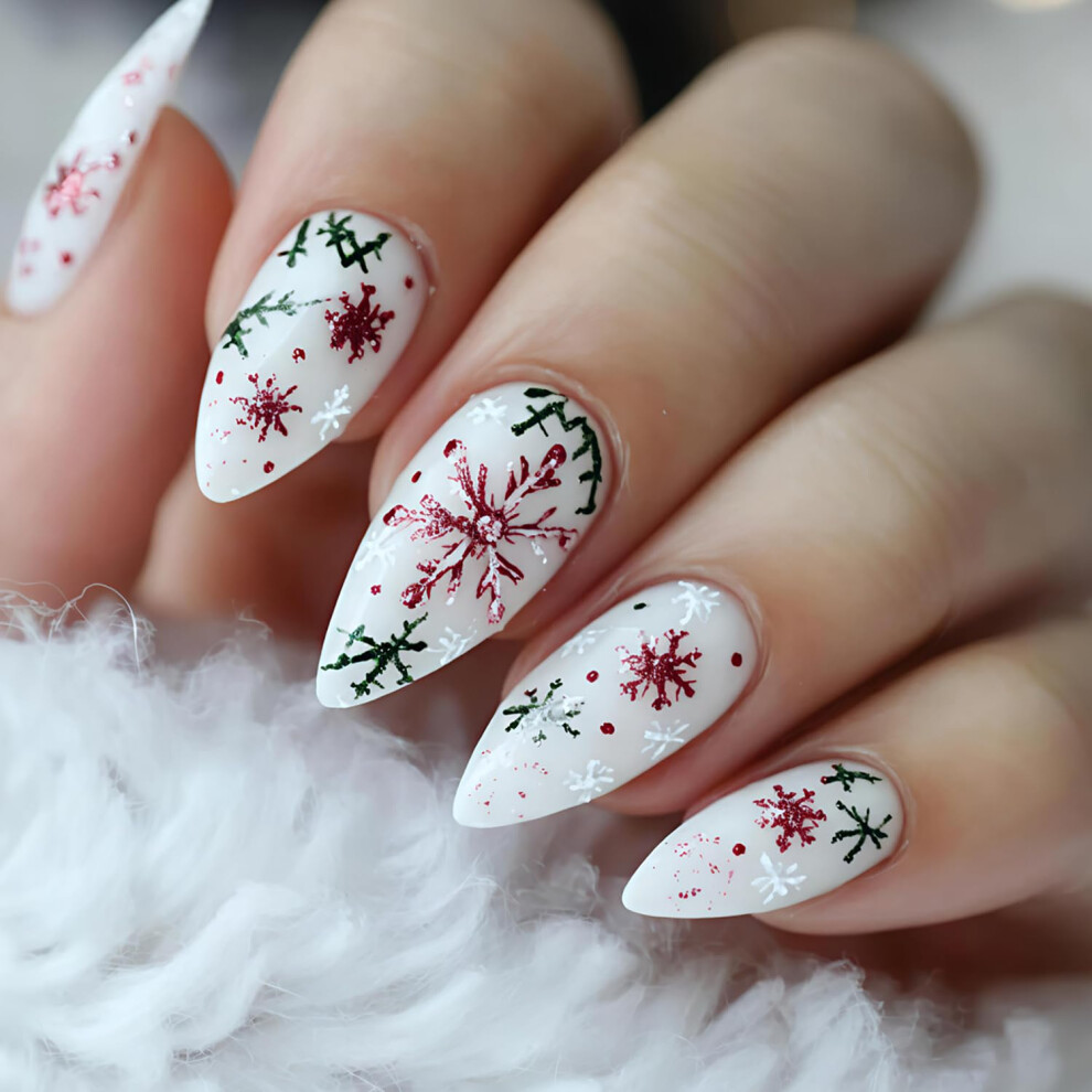 White Christmas Press On Nails Almond French Tip Fake Nails Snowflake Glitter Acrylic Set