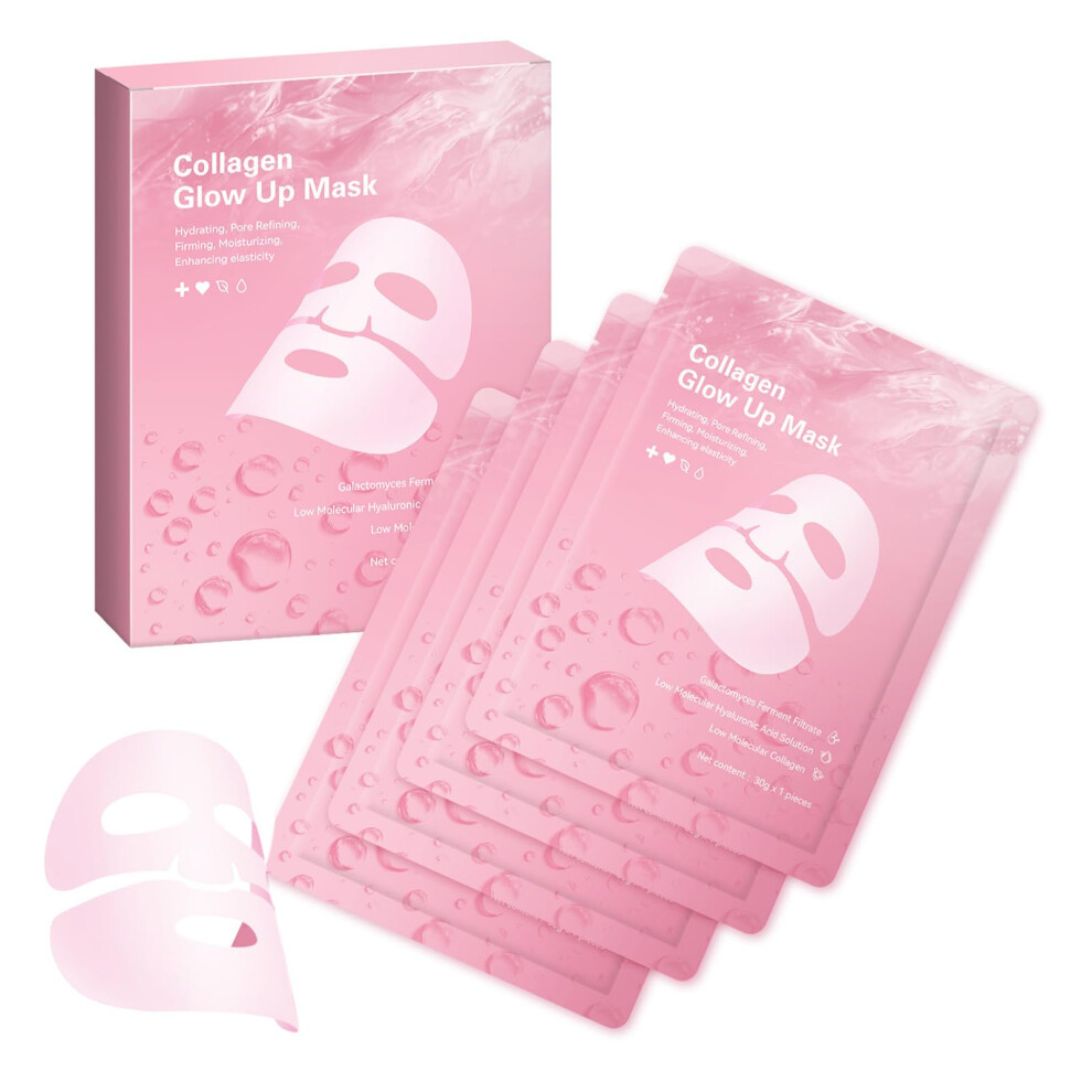 Collagen Face Mask with Deep Hydration and Firming, Korean Sheet Mask for Pore Minimizing, 4 Pcs
