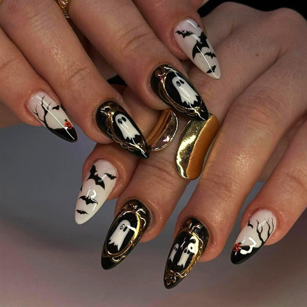 Black Halloween Press On Nails Glossy Almond Shape With Pumpkins And Bats 24Pcs Fake Nail Set