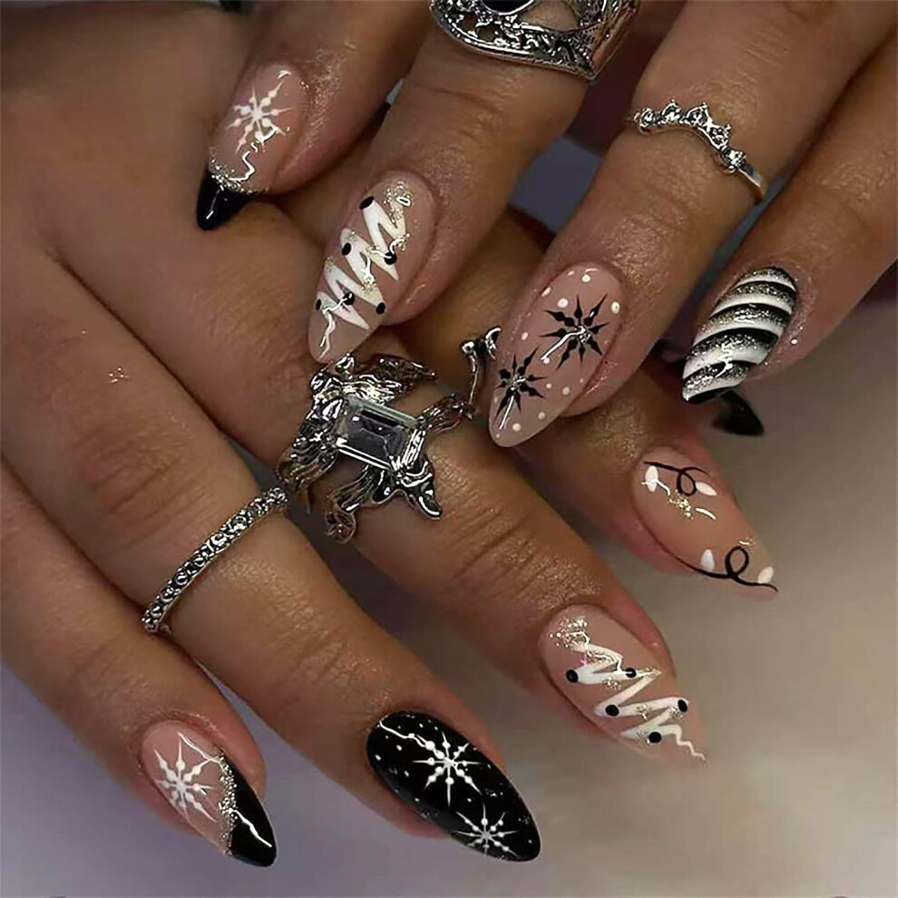 Christmas Press On Nails Medium Almond Stripe Snowflake Glossy False Tips Reusable Holiday Set