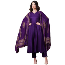 (2XL, Violet) GoSriKi Women' Rayon Blend Solid Anarkali Kurta with Pant & Dupatta