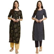 (2XL, Black-Blue) Pinkmint Kurta & Pant Set ll Printed Kurti ll Combo Kurta Set ll