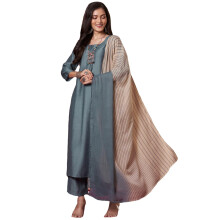(3XL, Grey) ANNI DESIGNER Women' Rayon Viscose Solid Straight Kurta with Pant & Dupatta