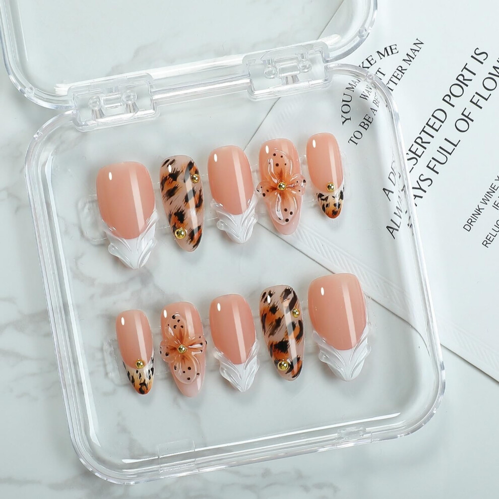 Handmade Leopard Print Press On Nails Medium Almond Fake Nails with Floral Gradient Design