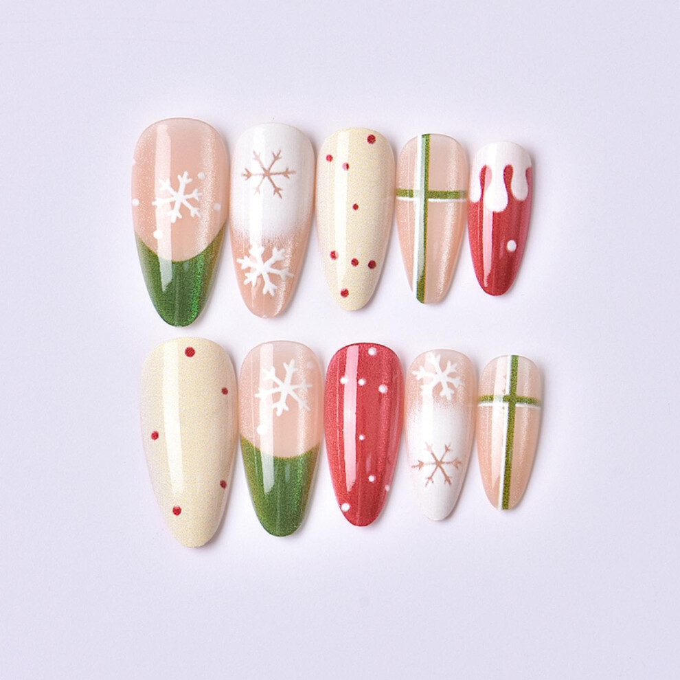 Red,Gold Christmas Almond Press On Nails With Snowflake Design, Glossy Red And Gold French Tip, 24Pcs Reusable Holiday Set