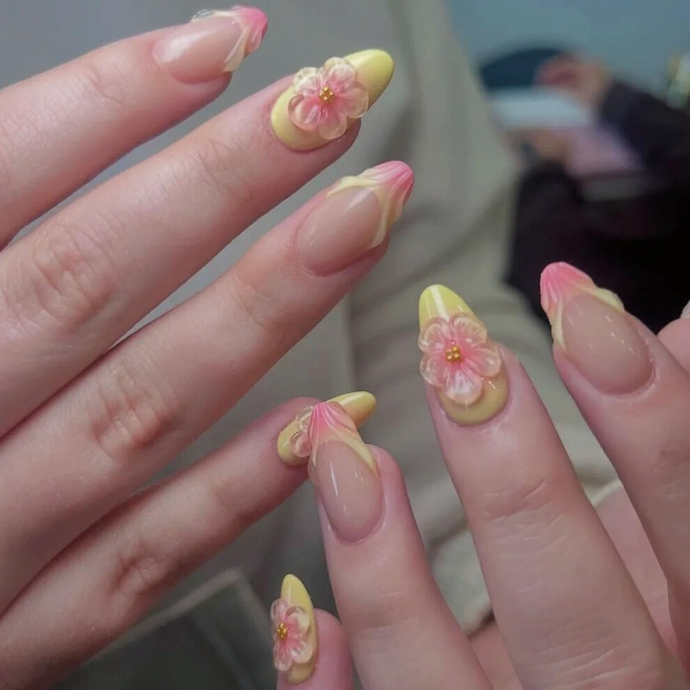 Almond Press On Nails Medium Fake Nails with 3D Flower Gradient French Tip Reusable 24Pcs